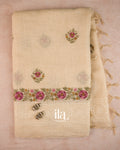Ivory Floral Embroidered Floral Semi Linen Saree — Full Saree