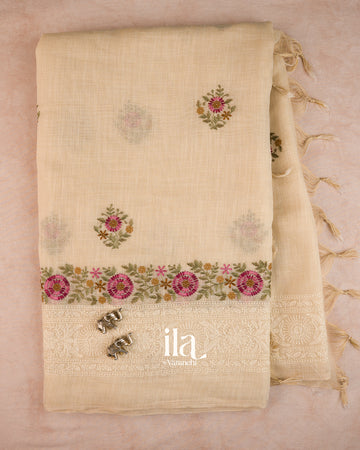Ivory Floral Embroidered Floral Semi Linen Saree — Full Saree
