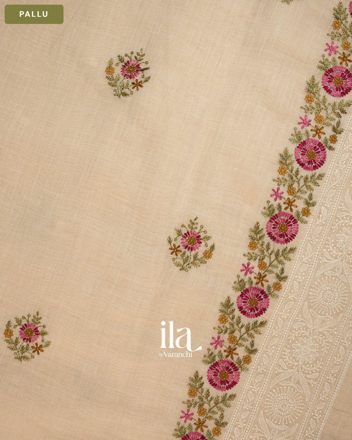Ivory Floral Embroidered Floral Semi Linen Saree — Pallu