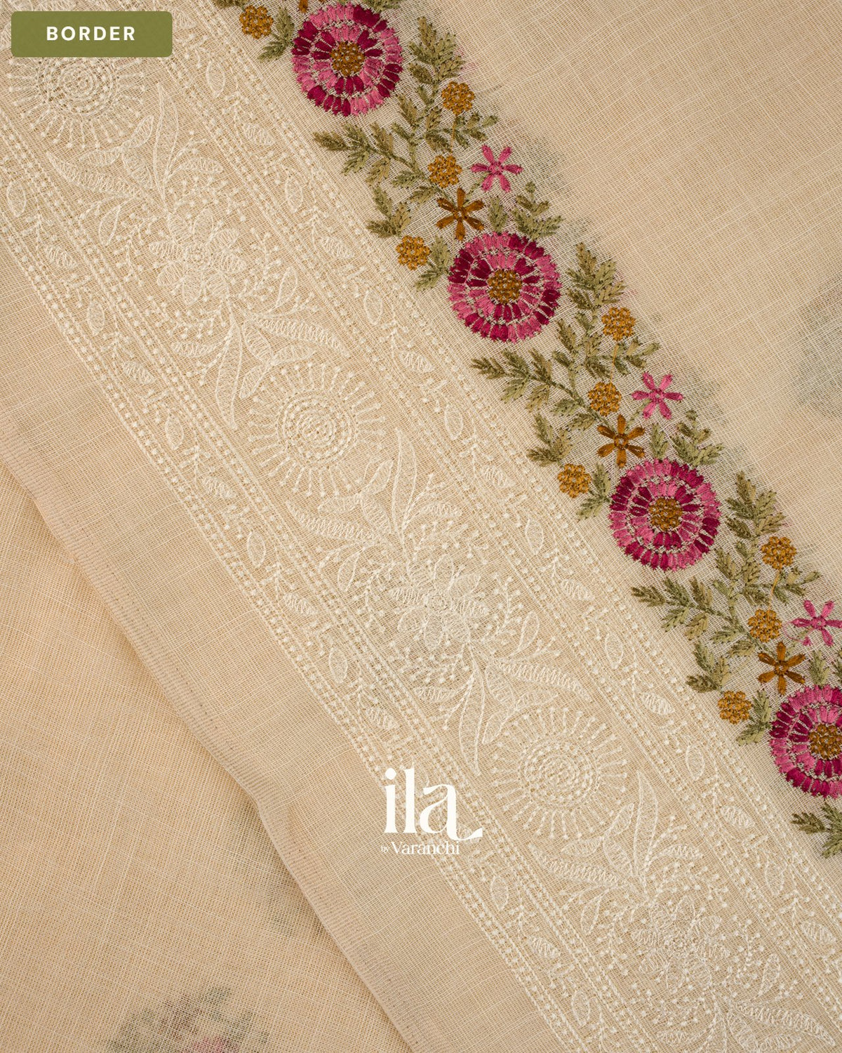 Ivory Floral Embroidered Floral Semi Linen Saree — Border