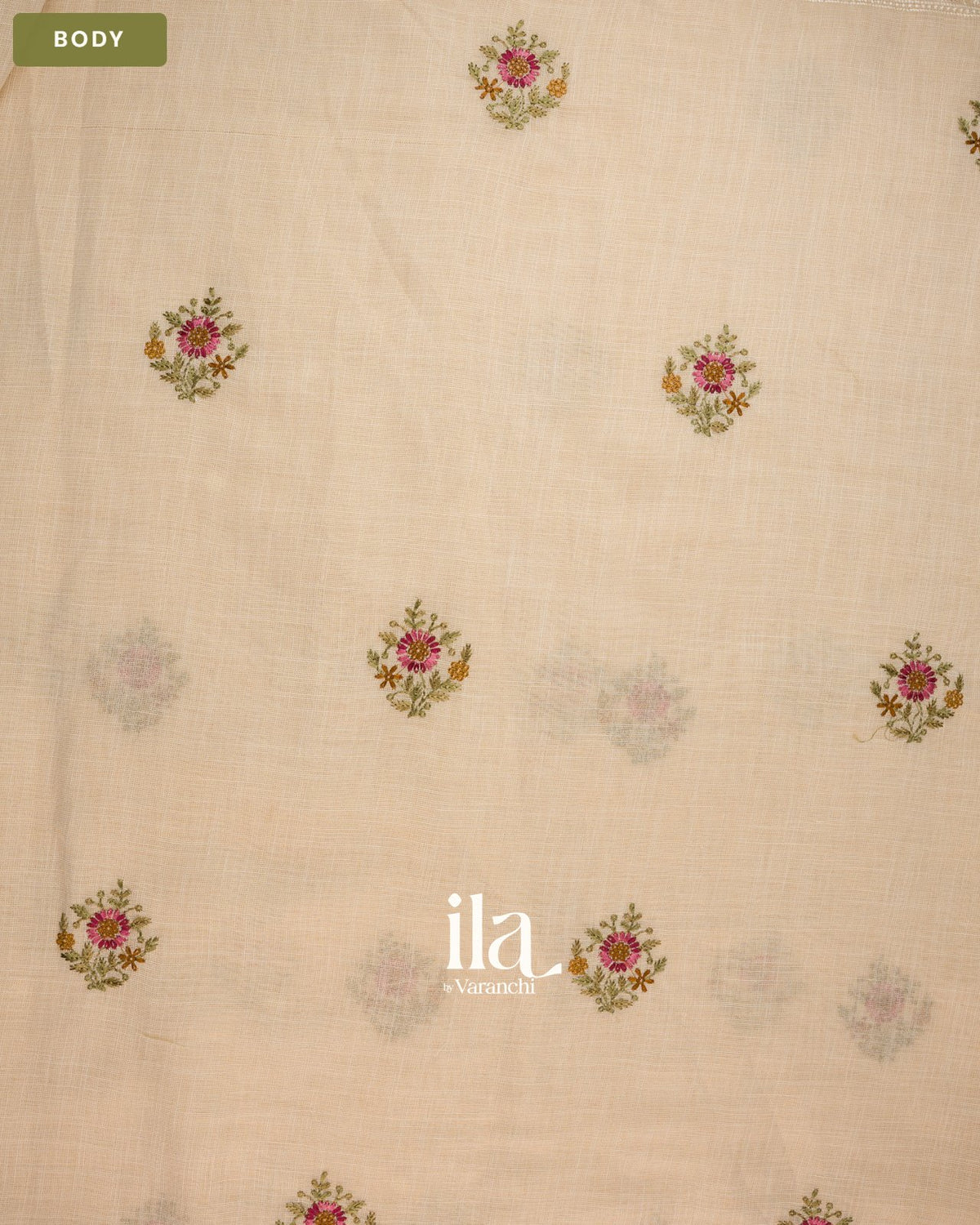 Ivory Floral Embroidered Floral Semi Linen Saree — Body