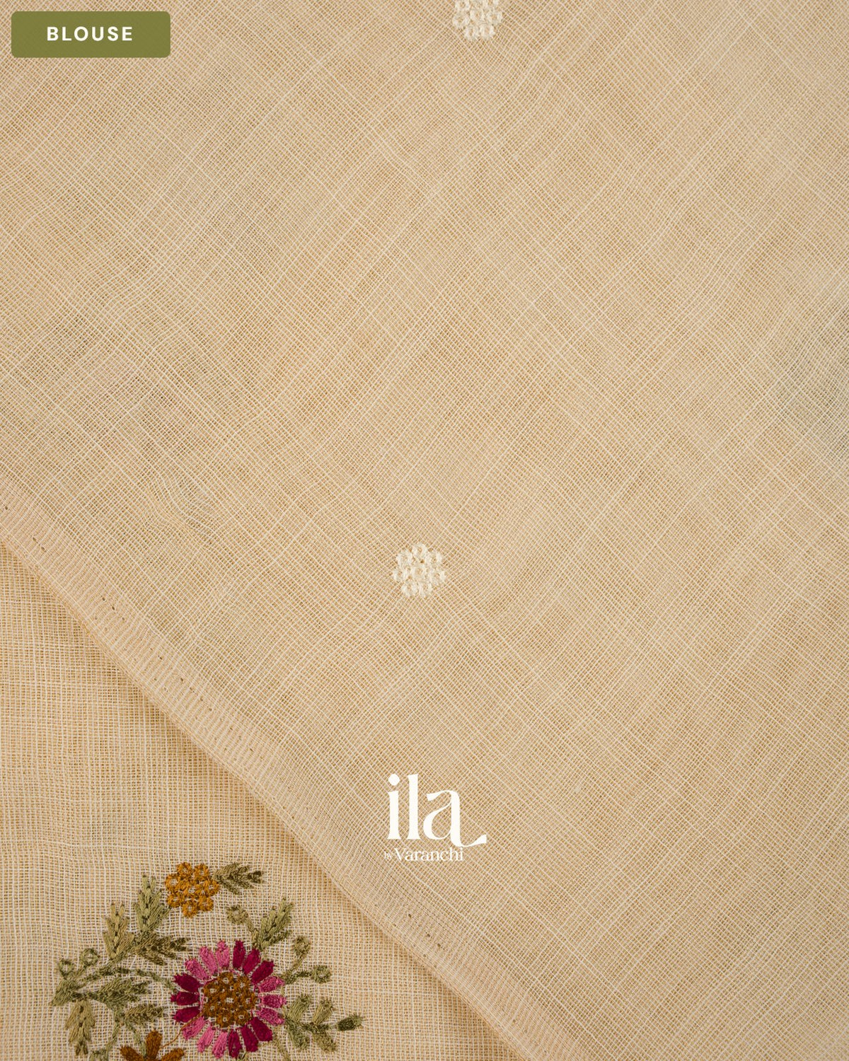 Ivory Floral Embroidered Floral Semi Linen Saree — Blouse