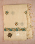 Ivory Floral Embroidered Floral Semi Linen Saree — Full Saree