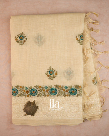 Ivory Floral Embroidered Floral Semi Linen Saree — Full Saree