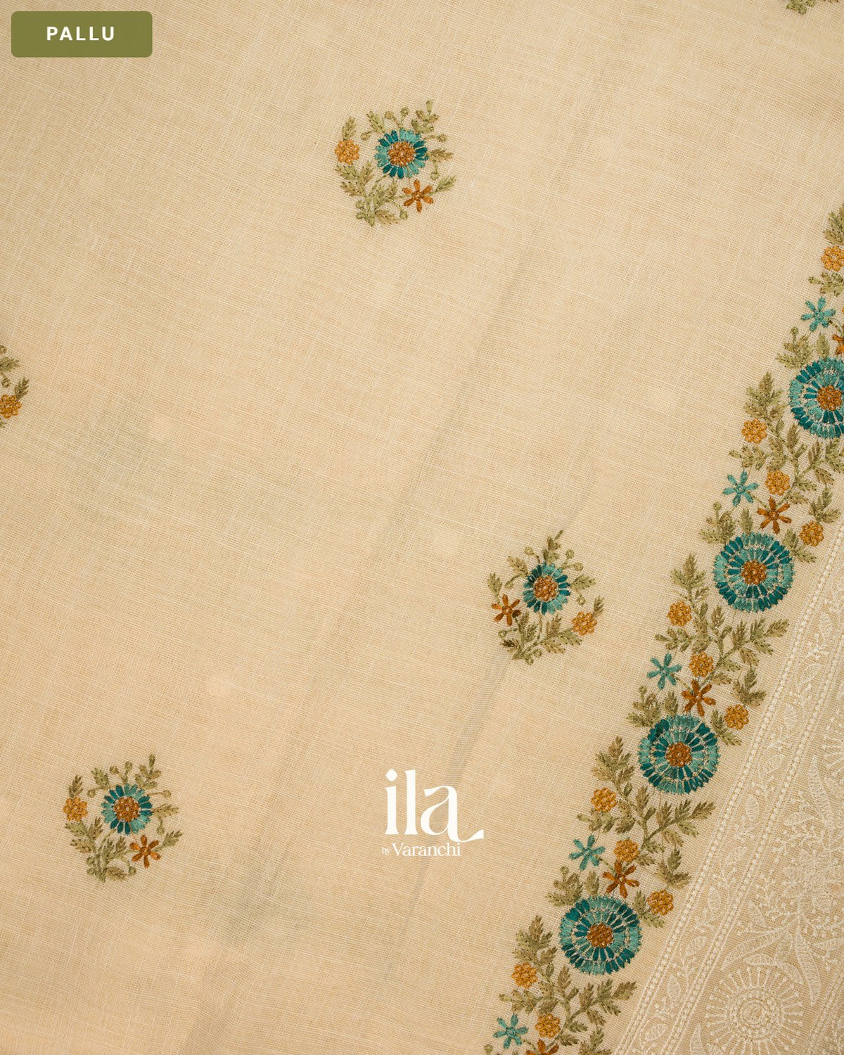 Ivory Floral Embroidered Floral Semi Linen Saree — Pallu