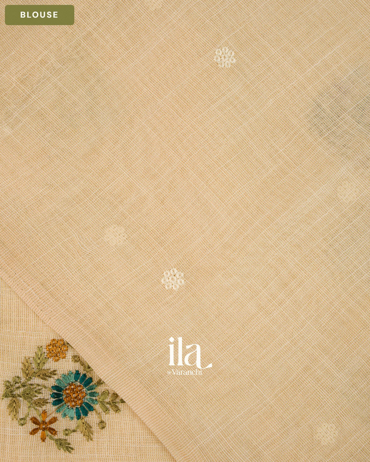 Ivory Floral Embroidered Floral Semi Linen Saree — Blouse