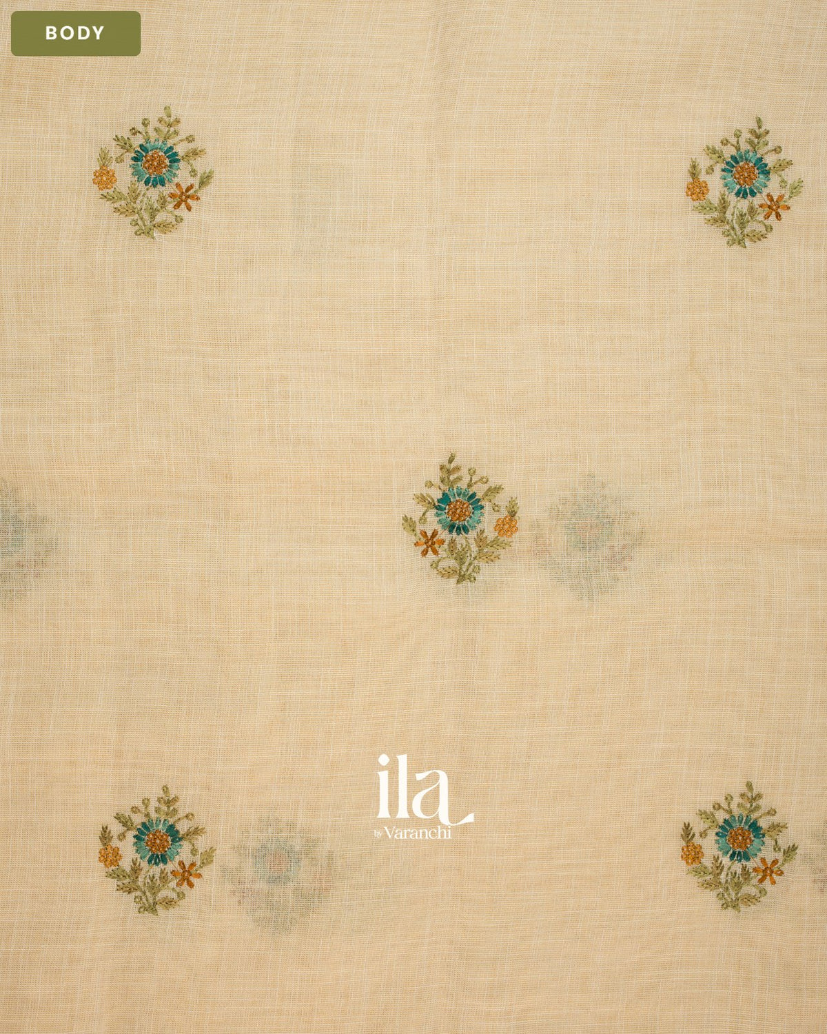 Ivory Floral Embroidered Floral Semi Linen Saree — Body
