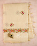 Ivory Floral Embroidered Floral Semi Linen Saree — Full Saree