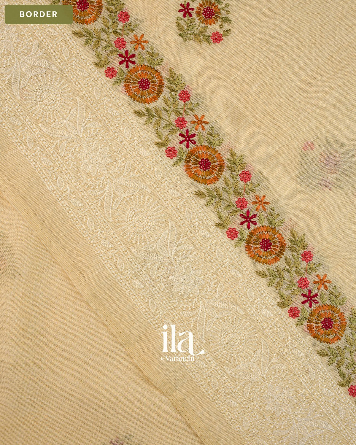 Ivory Floral Embroidered Floral Semi Linen Saree — Border