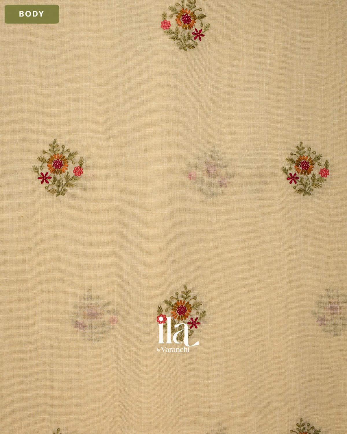 Ivory Floral Embroidered Floral Semi Linen Saree — Body