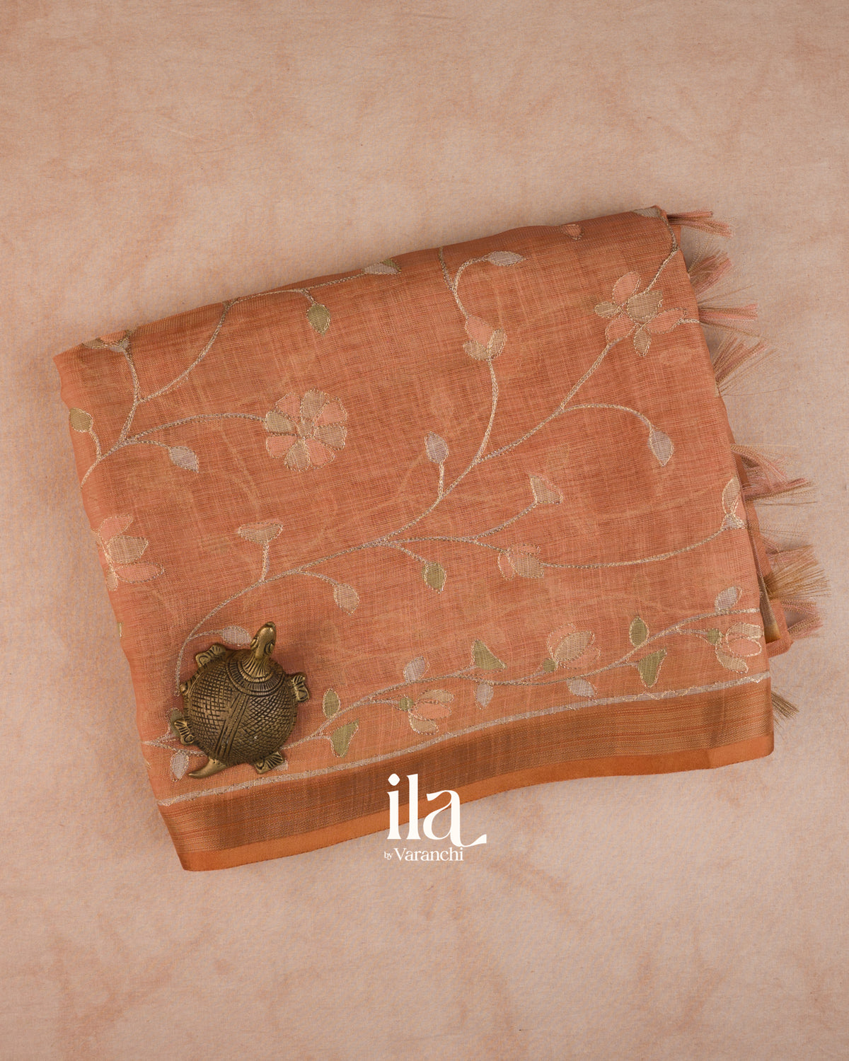 Rust Orange Floral Jaal Aari Work Semi Linen Tissue Saree — Folded