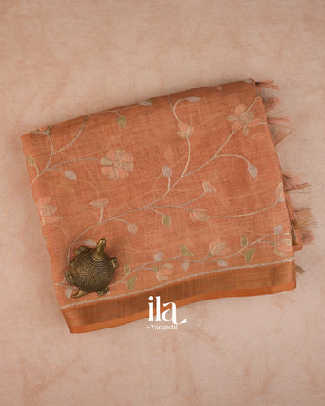 Rust Orange Floral Jaal Aari Work Semi Linen Tissue Saree — Folded