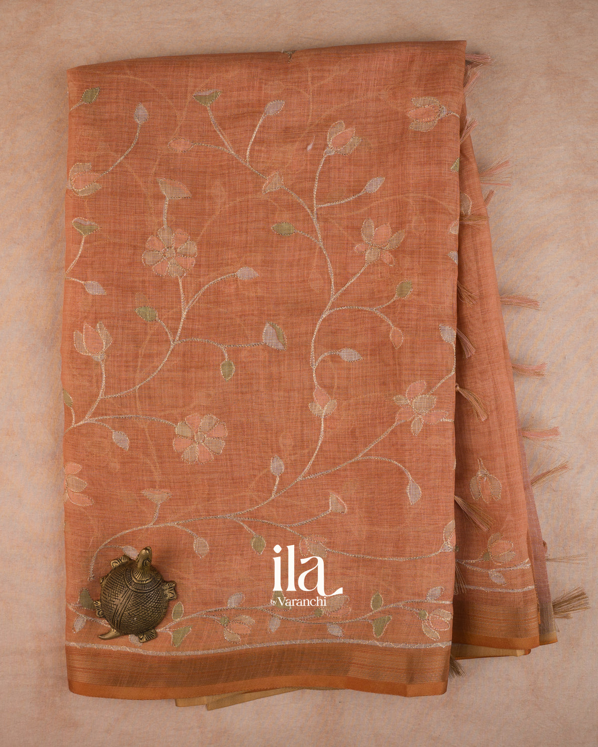 Rust Orange Floral Jaal Aari Work Semi Linen Tissue Saree — Full Saree