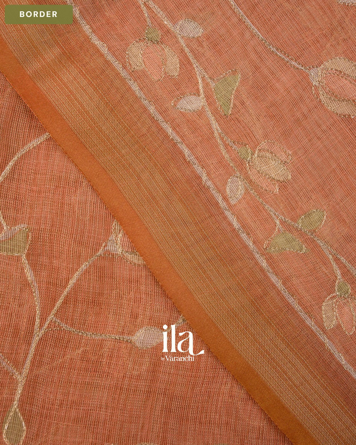 Rust Orange Floral Jaal Aari Work Semi Linen Tissue Saree — Border