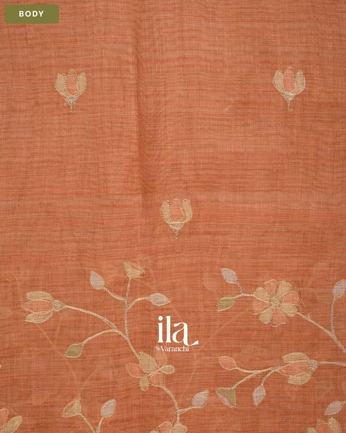 Rust Orange Floral Jaal Aari Work Semi Linen Tissue Saree — Body