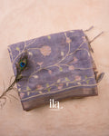 Lavender Floral Jaal Aari Work Semi Linen Tissue Saree — Folded