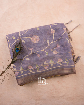 Lavender Floral Jaal Aari Work Semi Linen Tissue Saree — Folded