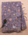 Lavender Floral Jaal Aari Work Semi Linen Tissue Saree — Full Saree