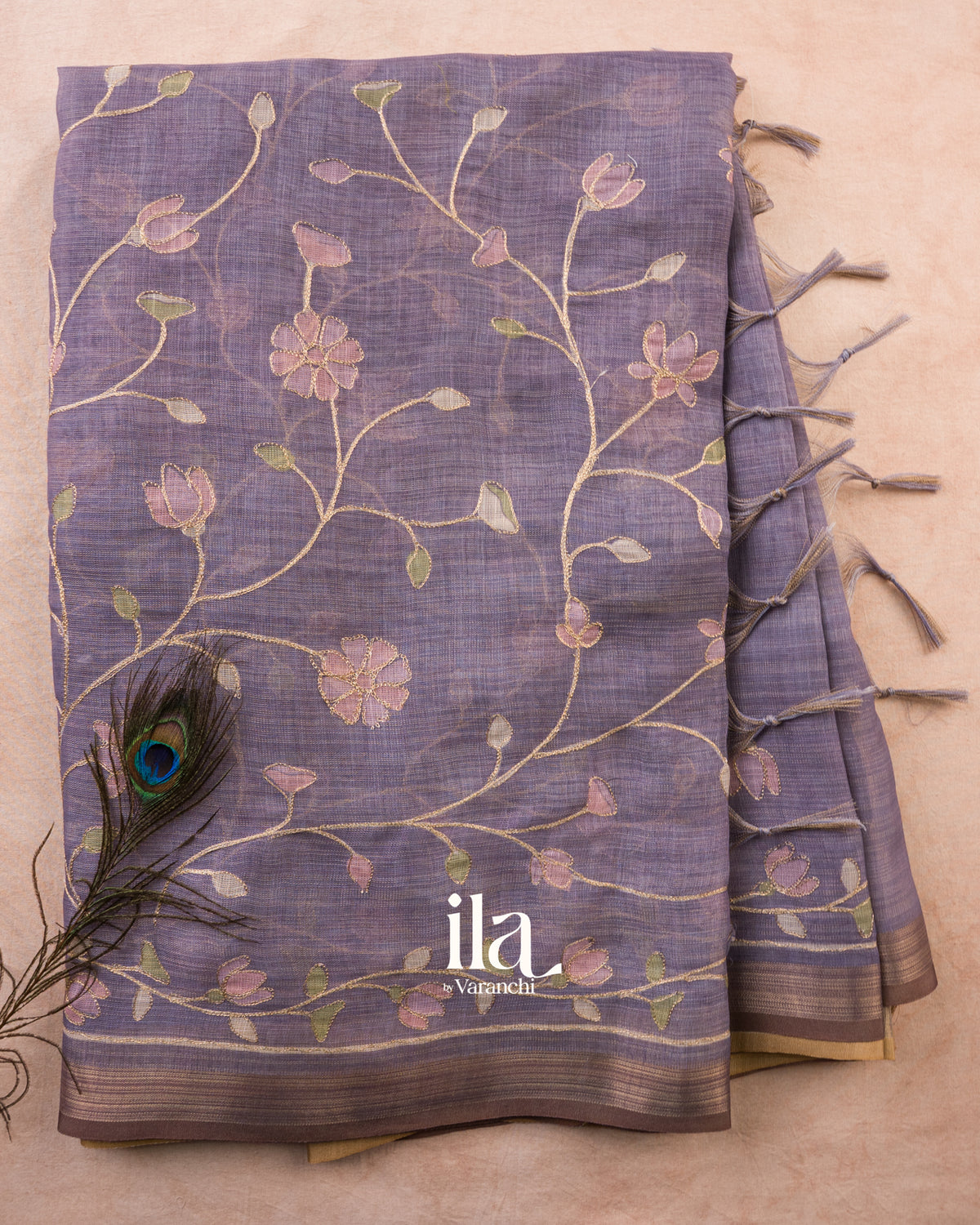 Lavender Floral Jaal Aari Work Semi Linen Tissue Saree — Full Saree