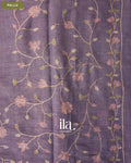 Lavender Floral Jaal Aari Work Semi Linen Tissue Saree — Pallu