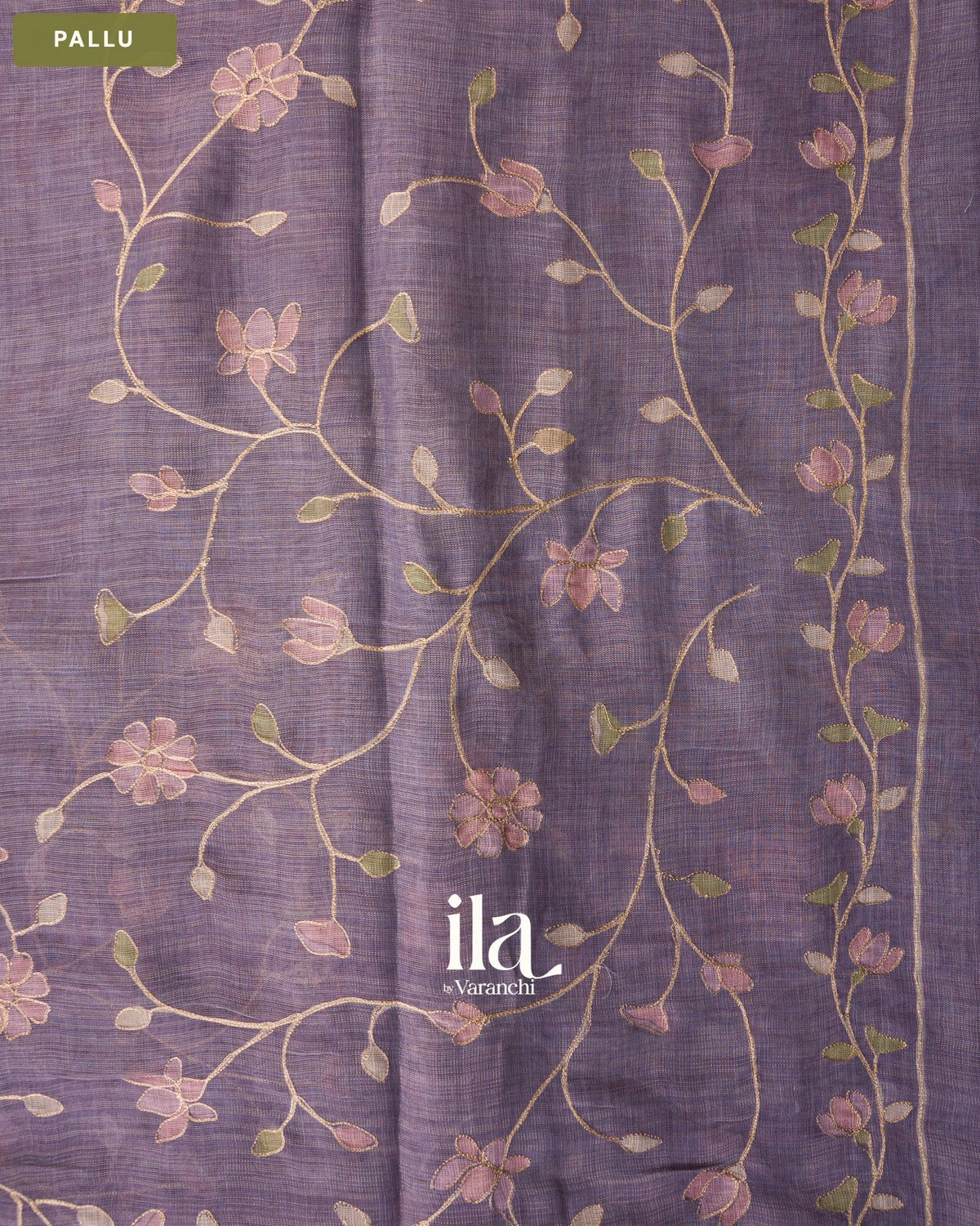 Lavender Floral Jaal Aari Work Semi Linen Tissue Saree — Pallu