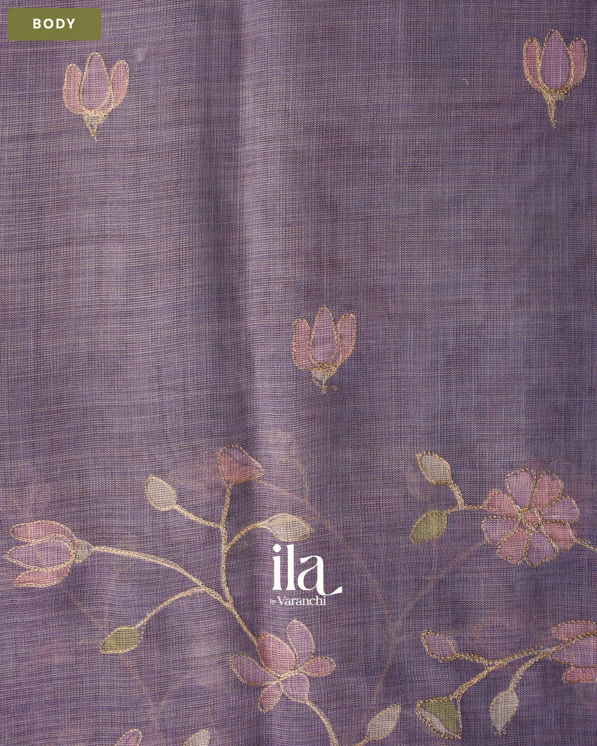 Lavender Floral Jaal Aari Work Semi Linen Tissue Saree — Body