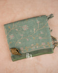 Powder Blue Floral Jaal Aari Work Semi Linen Tissue Saree — Folded