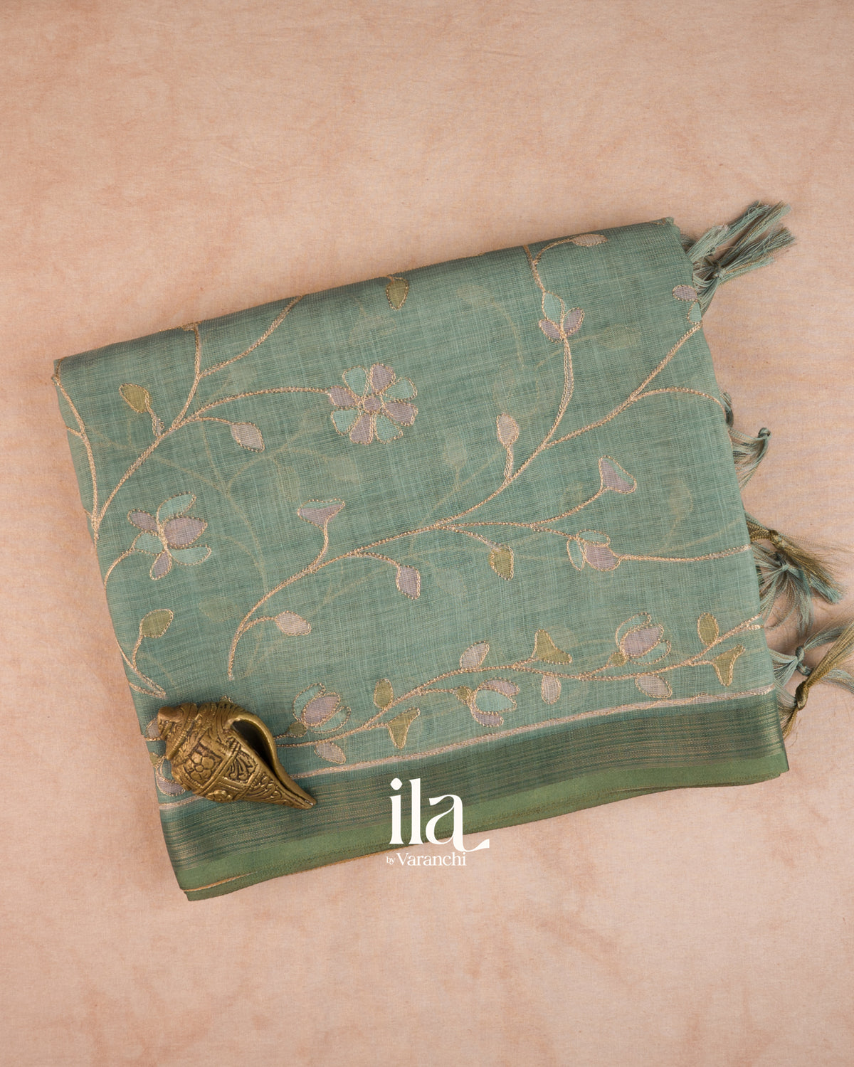 Powder Blue Floral Jaal Aari Work Semi Linen Tissue Saree — Folded