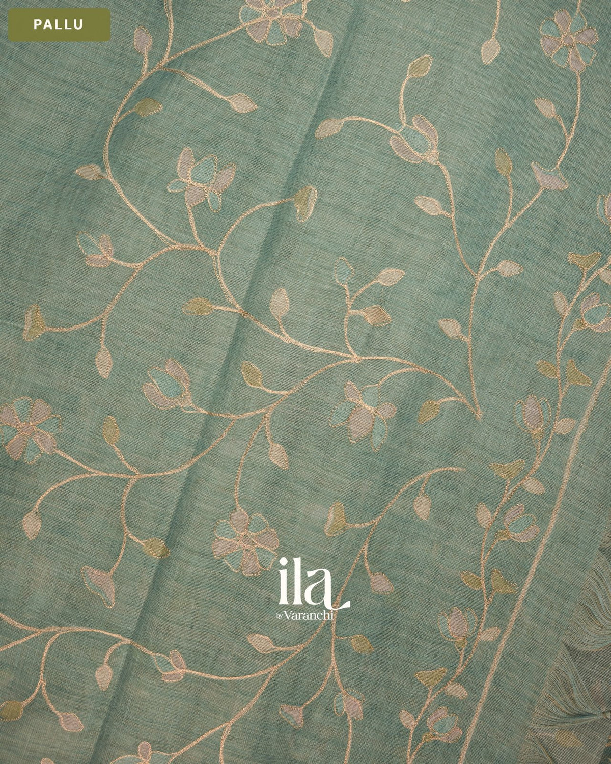 Powder Blue Floral Jaal Aari Work Semi Linen Tissue Saree — Pallu