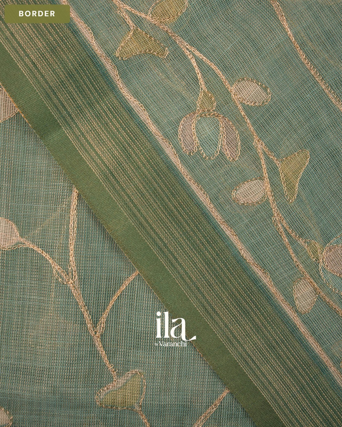 Powder Blue Floral Jaal Aari Work Semi Linen Tissue Saree — Border