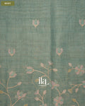 Powder Blue Floral Jaal Aari Work Semi Linen Tissue Saree — Body