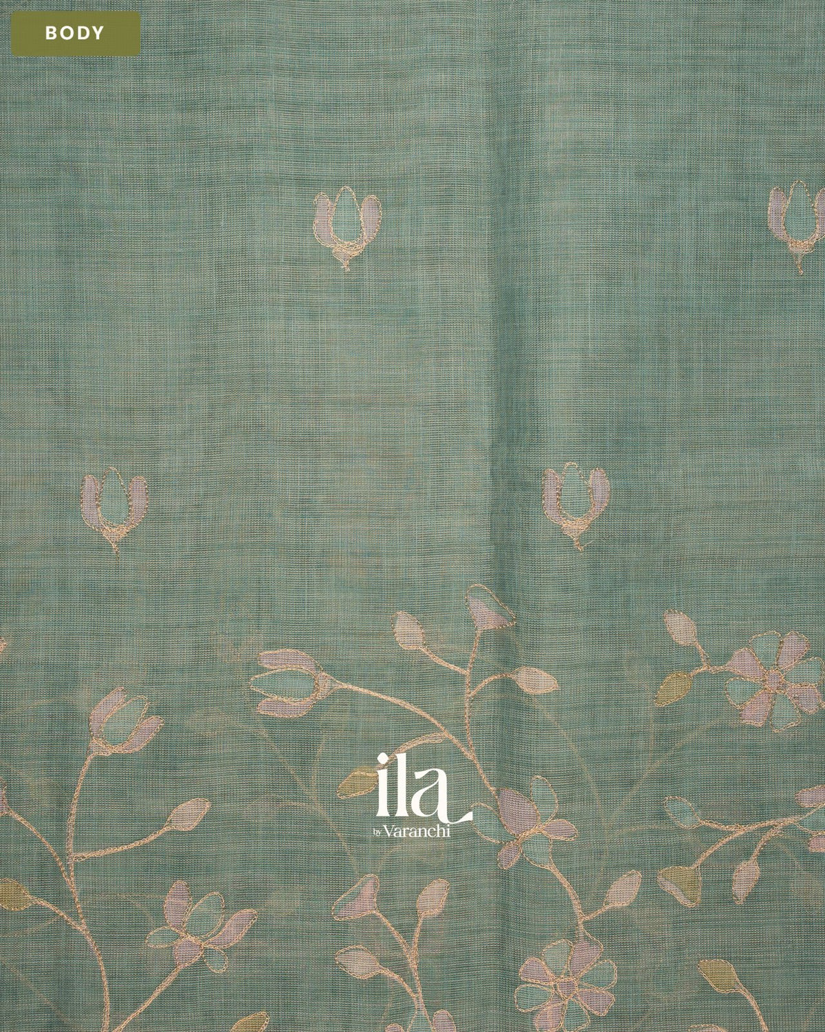 Powder Blue Floral Jaal Aari Work Semi Linen Tissue Saree — Body