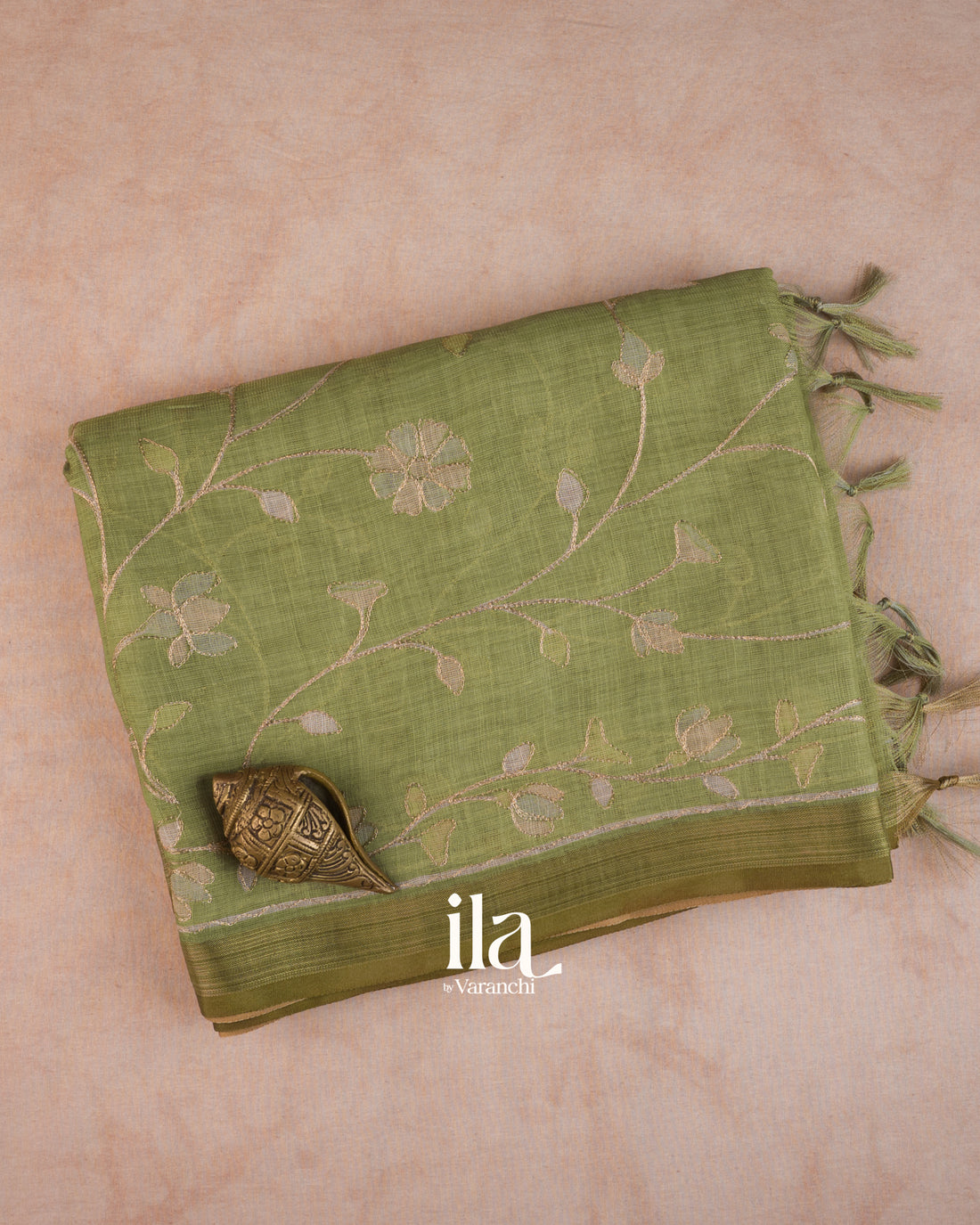 Sage Green Floral Jaal Aari Work Semi Linen Tissue Saree — Folded