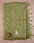 Sage Green Floral Jaal Aari Work Semi Linen Tissue Saree — Full Saree