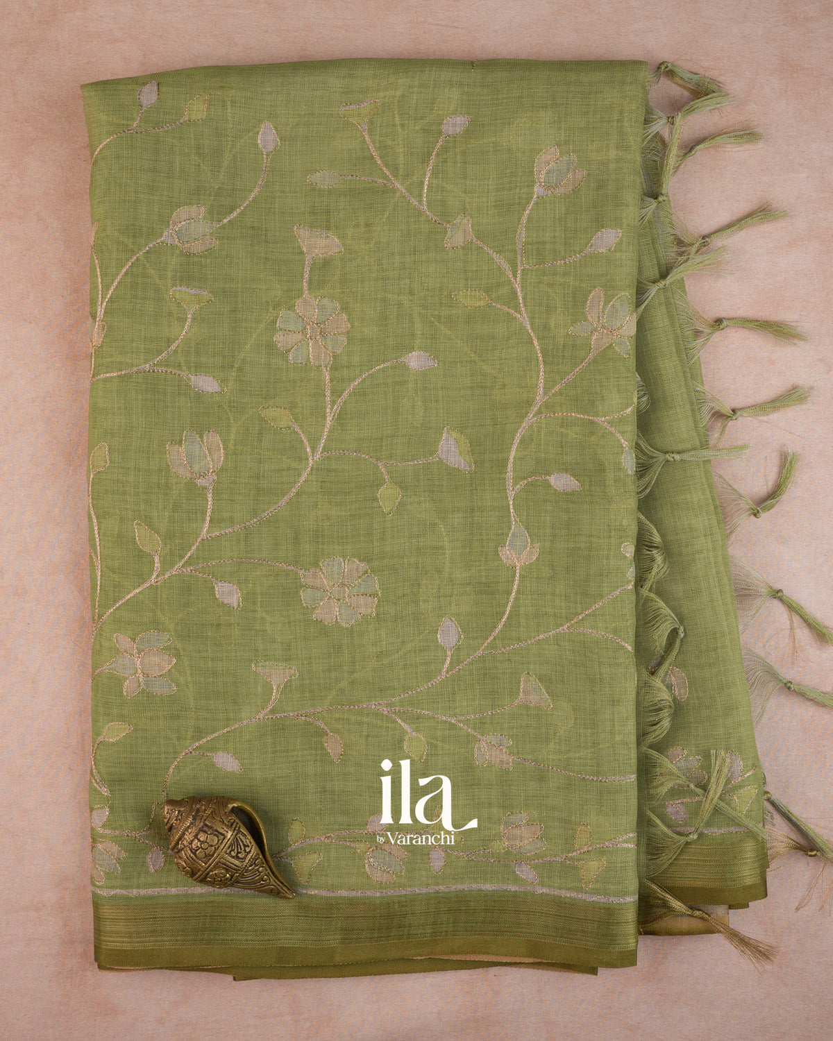 Sage Green Floral Jaal Aari Work Semi Linen Tissue Saree — Full Saree