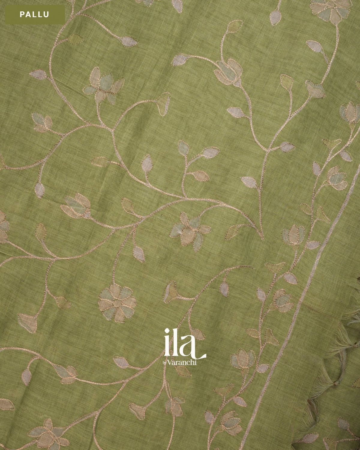Sage Green Floral Jaal Aari Work Semi Linen Tissue Saree — Pallu