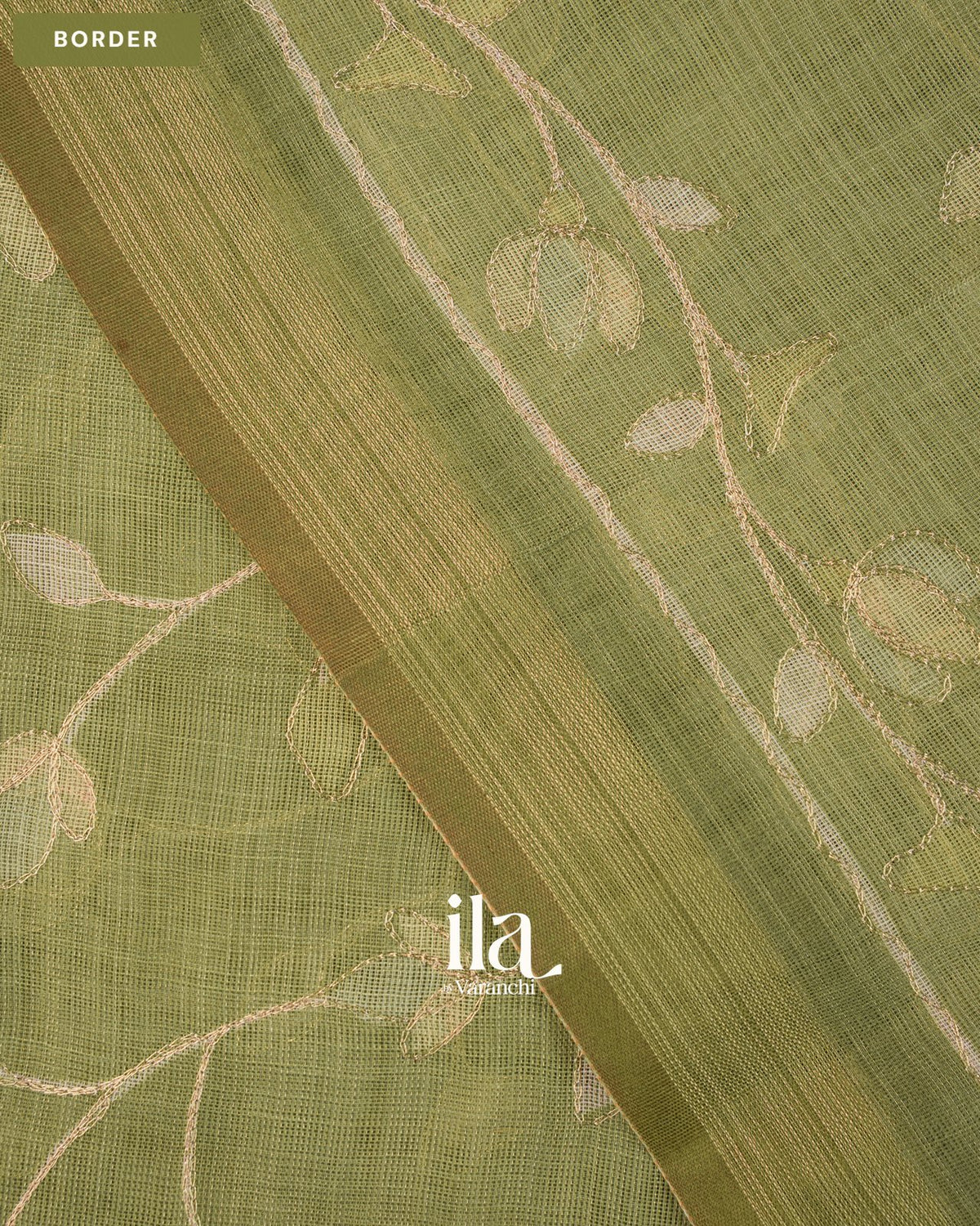 Sage Green Floral Jaal Aari Work Semi Linen Tissue Saree — Border