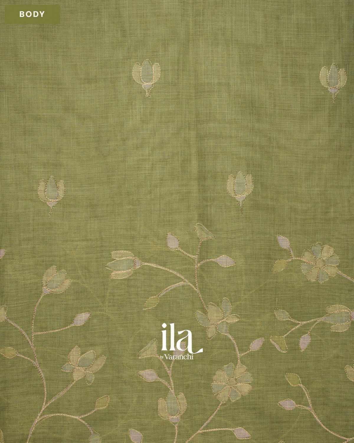 Sage Green Floral Jaal Aari Work Semi Linen Tissue Saree — Body
