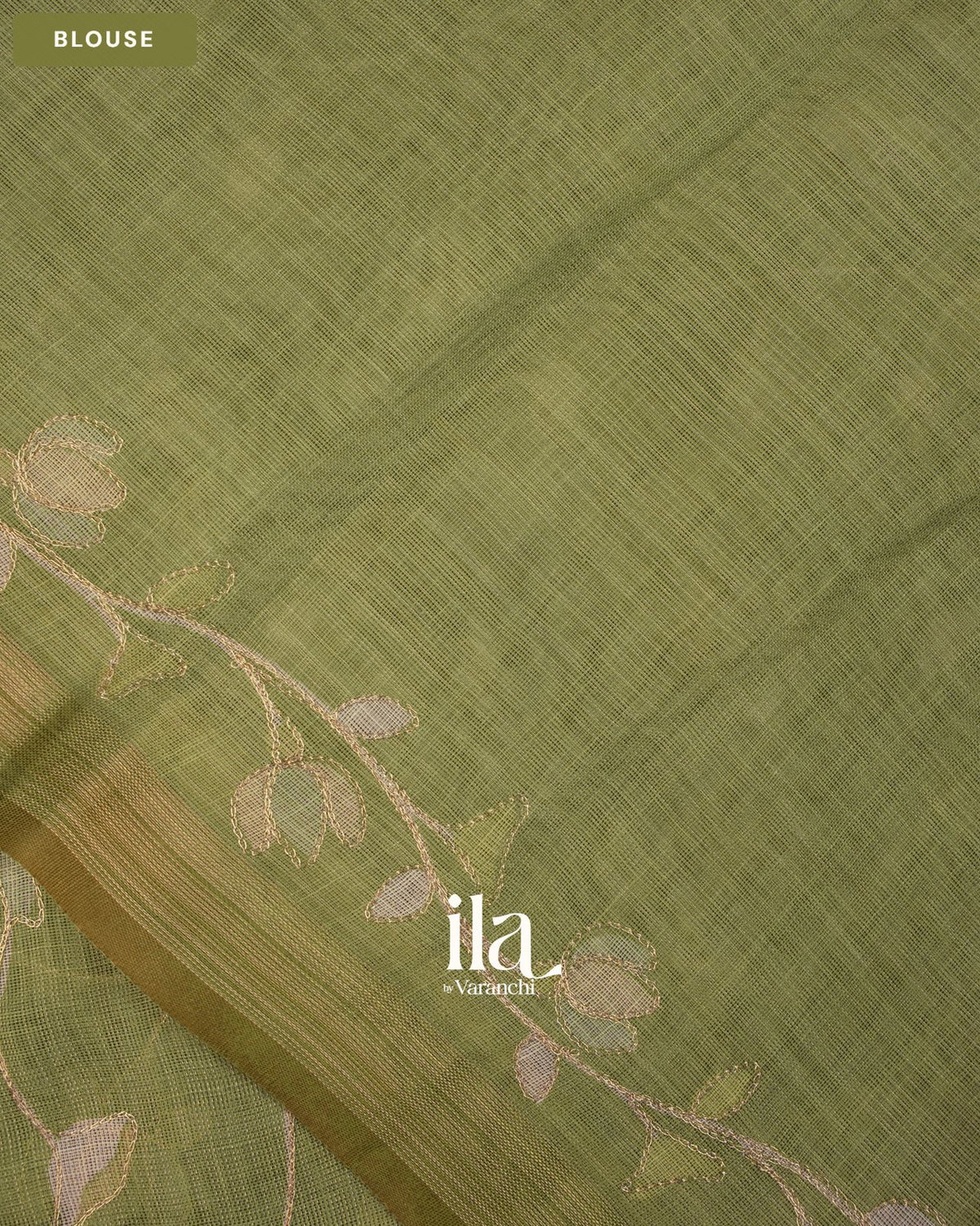 Sage Green Floral Jaal Aari Work Semi Linen Tissue Saree — Blouse