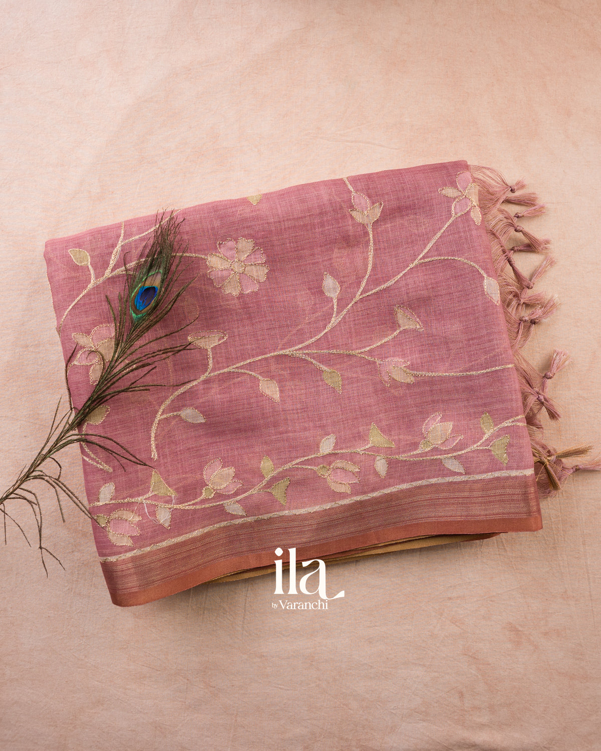 Dusty Pink Floral Jaal Aari Work Semi Linen Saree — Folded