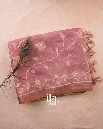Dusty Pink Floral Jaal Aari Work Semi Linen Saree — Folded