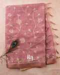 Dusty Pink Floral Jaal Aari Work Semi Linen Saree — Full Saree