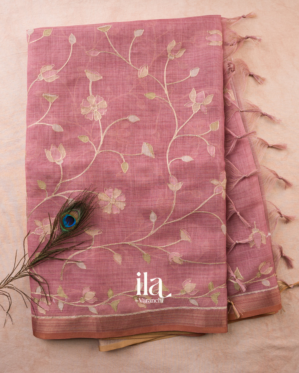 Dusty Pink Floral Jaal Aari Work Semi Linen Saree — Full Saree