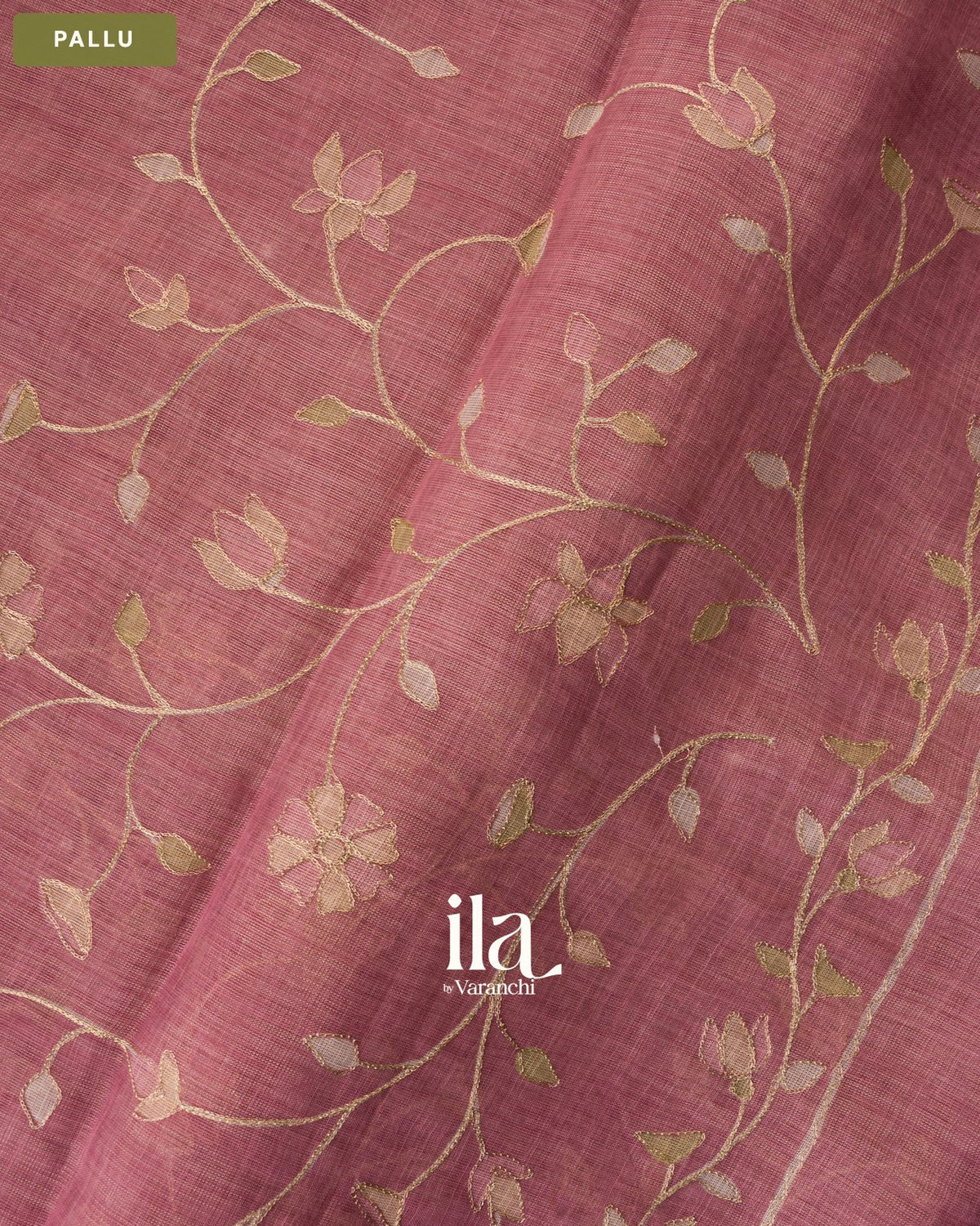 Dusty Pink Floral Jaal Aari Work Semi Linen Saree — Pallu