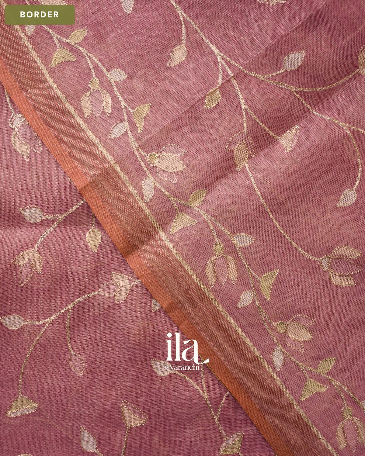 Dusty Pink Floral Jaal Aari Work Semi Linen Saree — Border