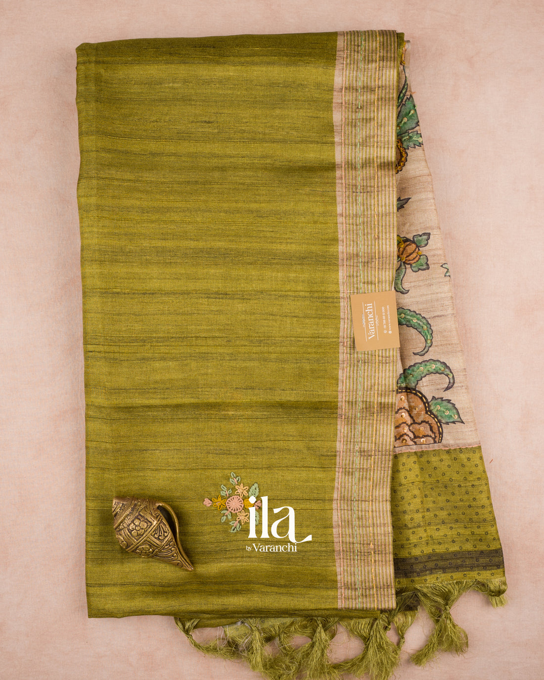Olive Green Floral Embroidered Semi Tussar Saree — Full Saree