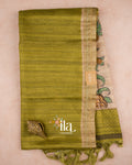 Olive Green Floral Embroidered Semi Tussar Saree — Full Saree