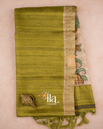 Olive Green Floral Embroidered Semi Tussar Saree — Full Saree