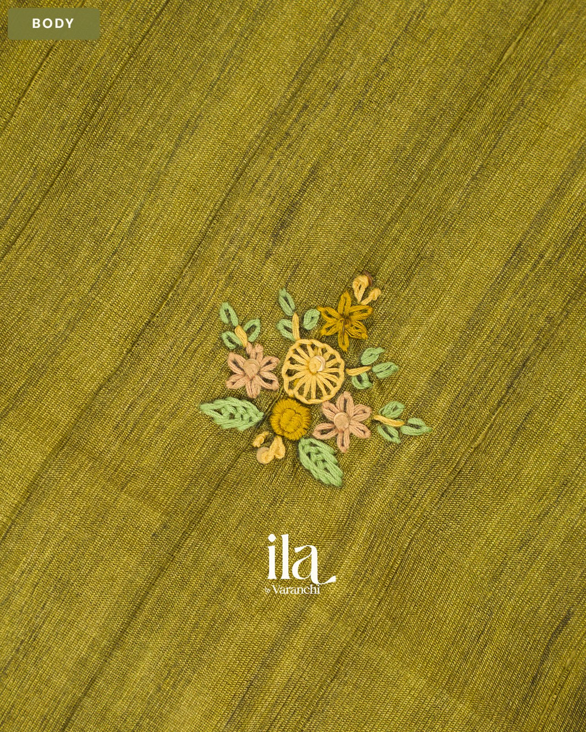 Olive Green Floral Embroidered Semi Tussar Saree — Body