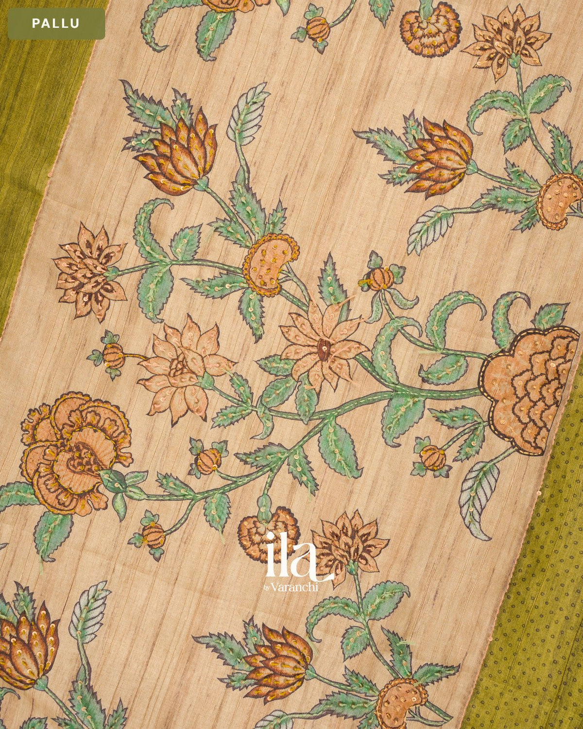 Olive Green Floral Embroidered Semi Tussar Saree — Pallu